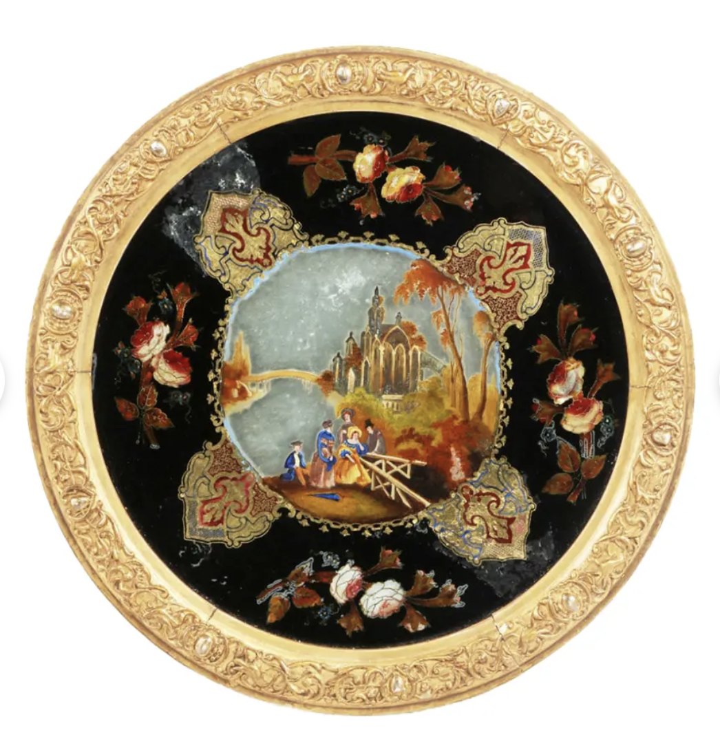Antique Eglomise Reverse Painting on Glass & Giltwood Panel of Figures & Church