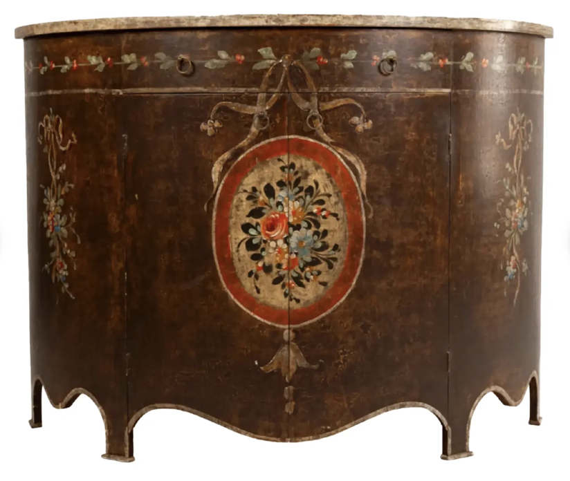 18th C Style Rustic Italian Country Paint Decorated Demilune Console