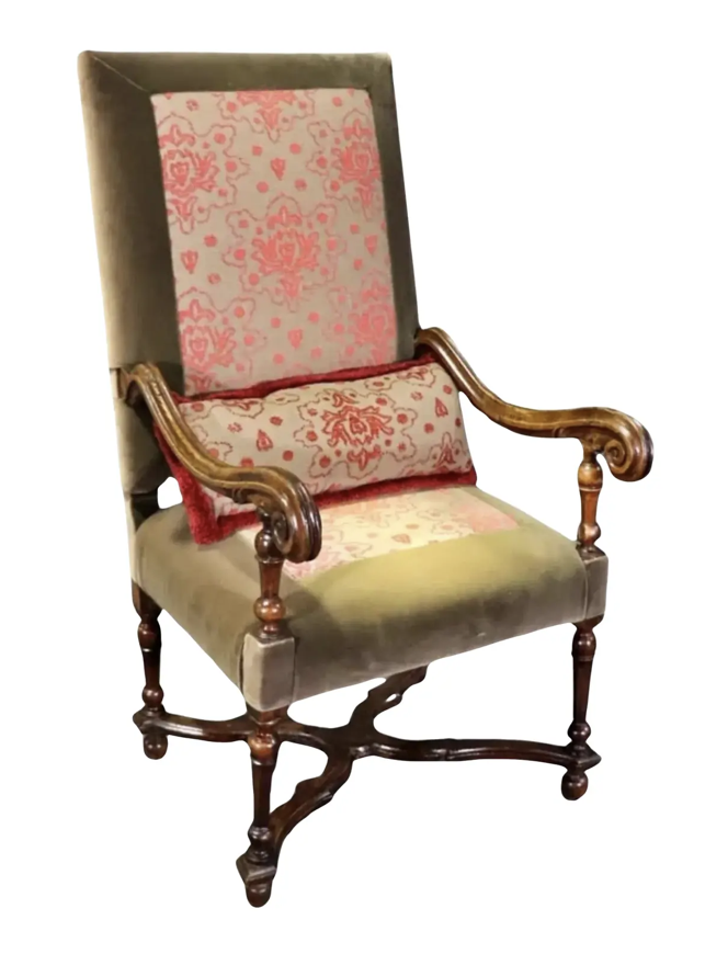 Antique 19th C French Carved Fauteuil Arm Chair W Lumbar Cushion