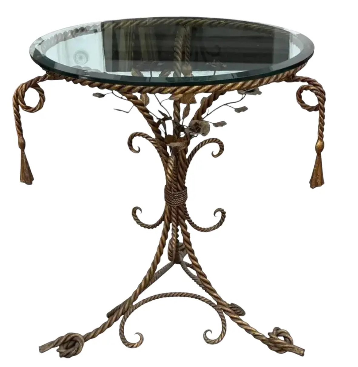 Italian Hollywood Regency Gold Gilt Iron Rope and Tassel Glass Top Side Table