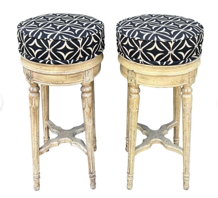 Pair of Maison Jansen Louis XVI Style Swivel Bar Stool W Scalamandre Seats