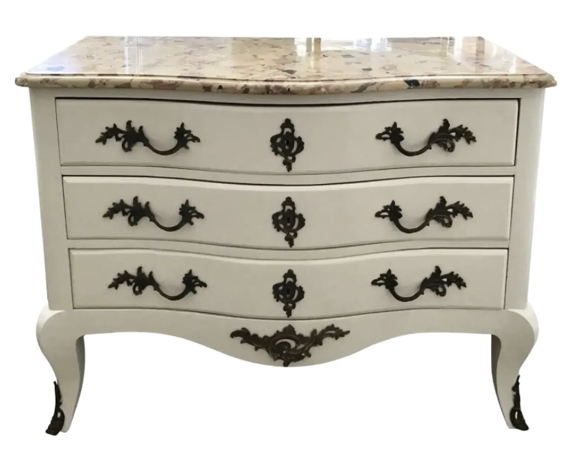 Antique Louis XVI Style Bronze Mounted Lacquered Commode Chest of Drawers W Marble Top