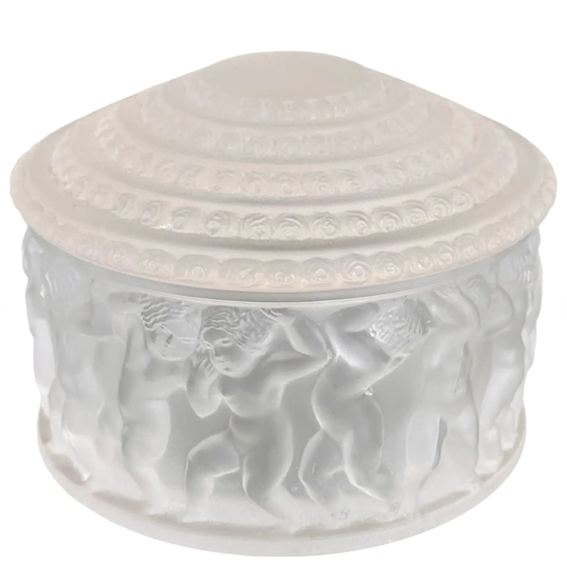 Lalique Enfants Crystal Powder Box W Cherubs