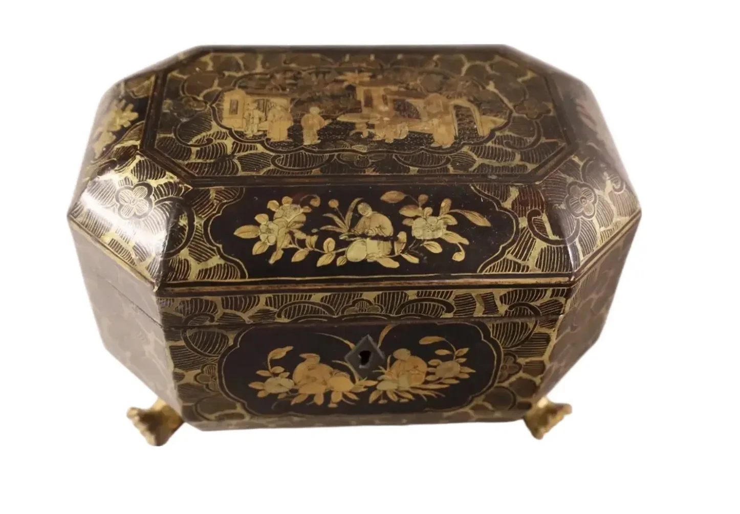 Antique 19th C Black & Gold Chinoiserie Tea Caddy Box