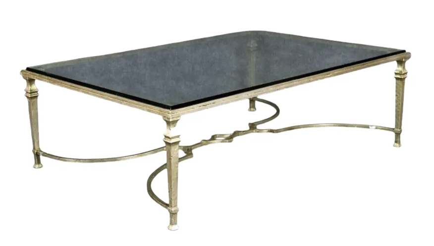 Vintage Paul M. Jones White Gold Leaf Wrought Iron & Glass Cocktail Table