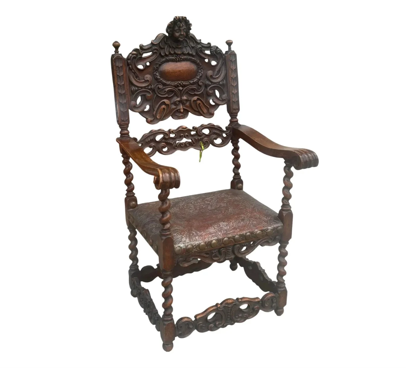 Antique French Renaissance Style Carved Figural Arm Chair W Tooled Leather Seat