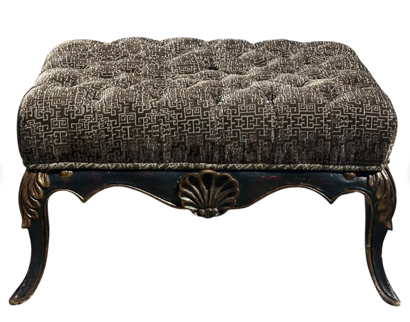 Antique Regency Style Black & Gold Tufted Bench Ottoman W Nancy Corzine Cut Velvet