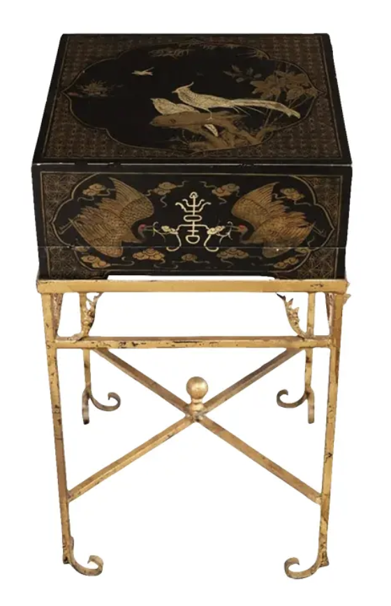 Antique Chinese Lacquer Box on Gilt Metal Stand Now a Side Table