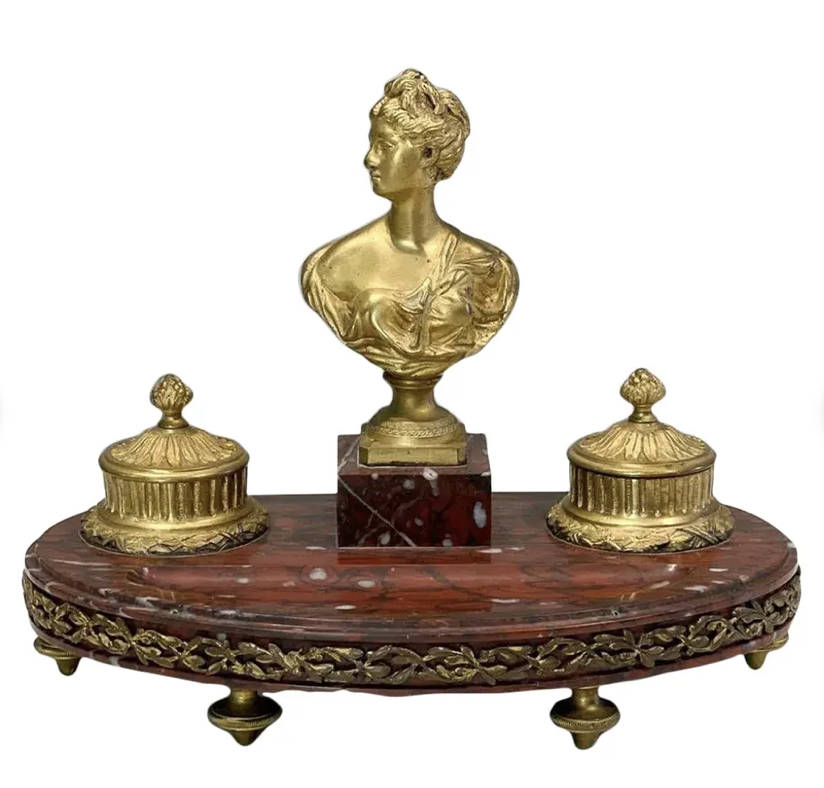 Antique French Gilt Bronze Inkwell on Rouge Marble Stand