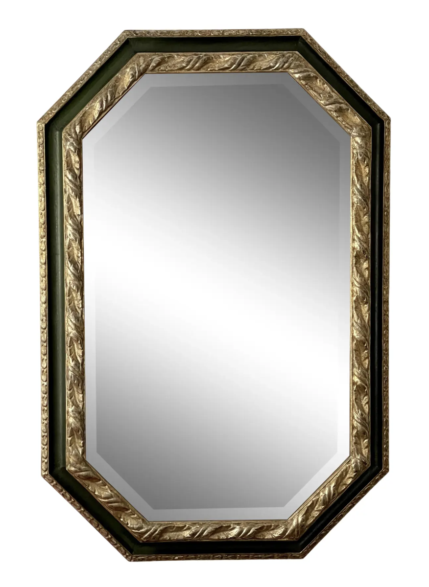 Hand Carved Ebanista White Gold & Dark Green Octagonal Mirror