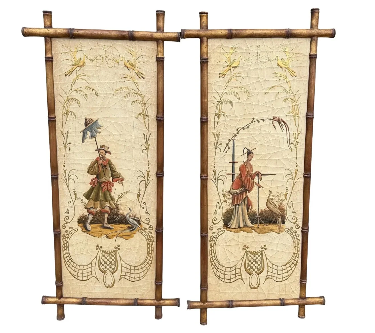 Pair of Signed Gustav Carroll Bamboo Hand Painted Chinoiserie Panels