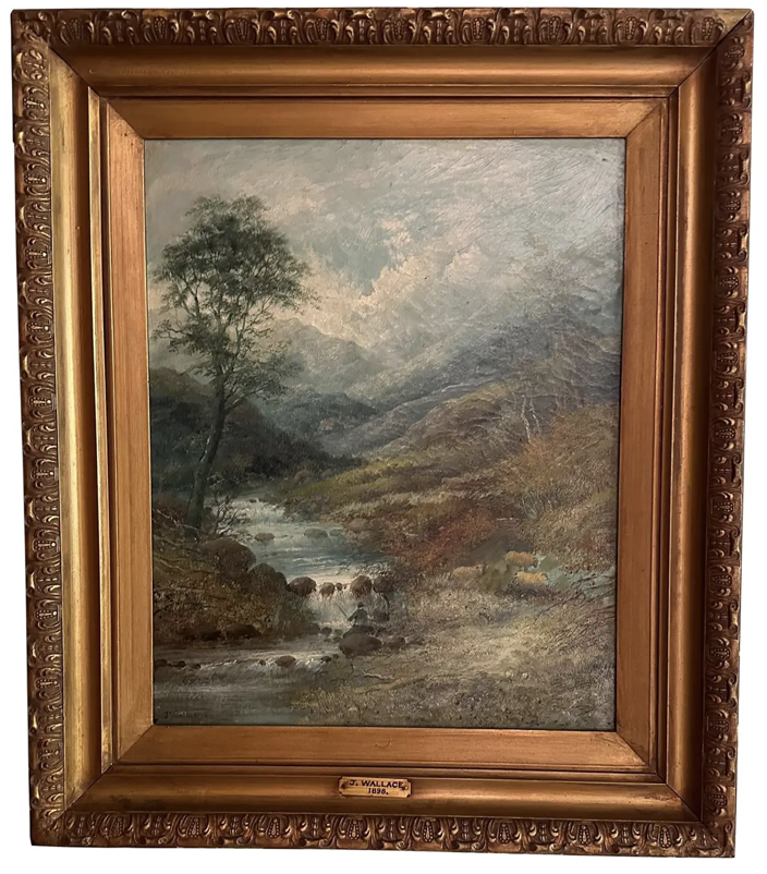 Antique British Landscape Oil Painting by J. Wallace