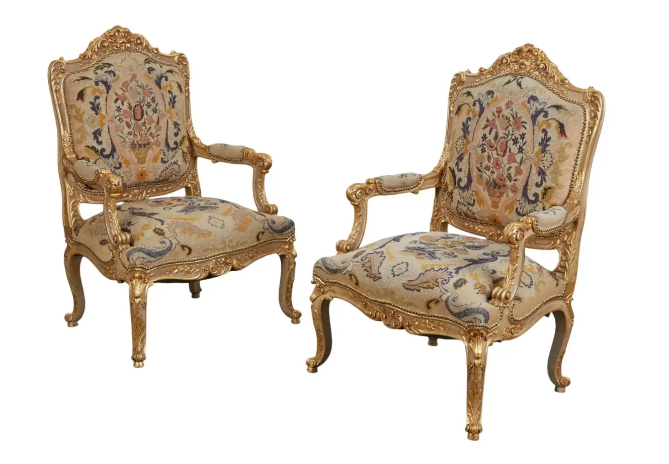 Pair of Quatrain for Dessin Fournir Louis XV Style Giltwood Fauteuils Arm Chairs