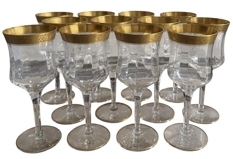 Set of 12 Art Deco Gold Encrusted Rim Crystal Wine Stems Goblets