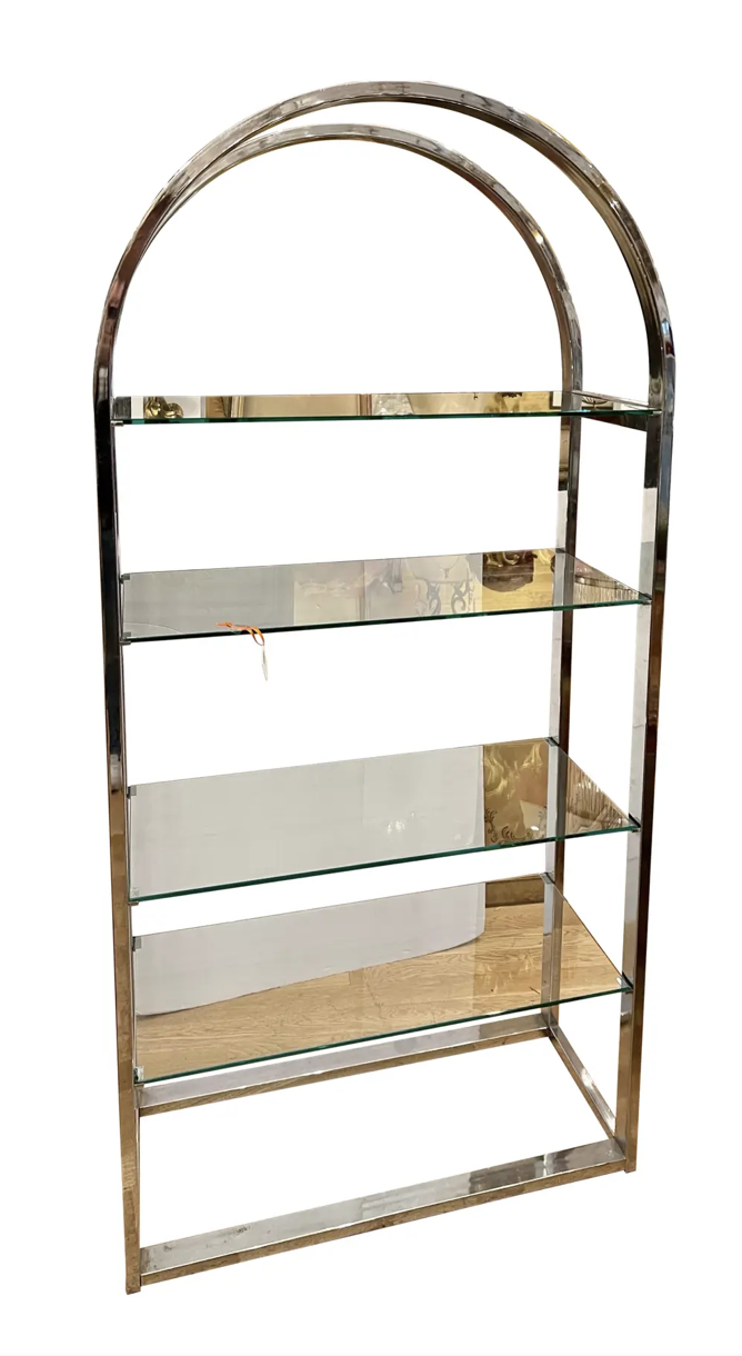 Modern Chrome & Glass Arched Etagere Display Shelving Unit