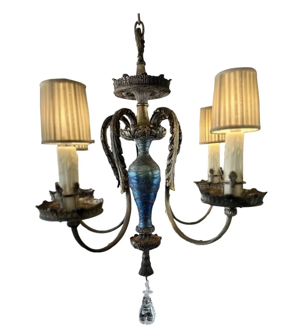 Antique Durand Blue Iridescent Glass Chandelier