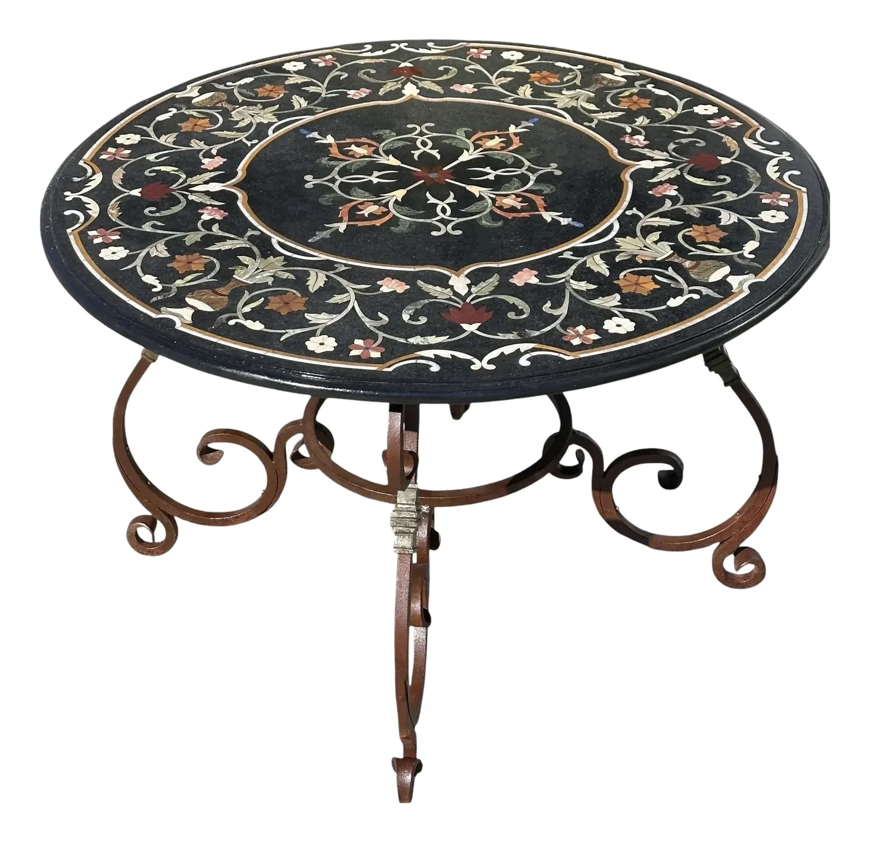 Antique Italian Pietra Dura Inlaid Marble & Wrought Iron Dining Table