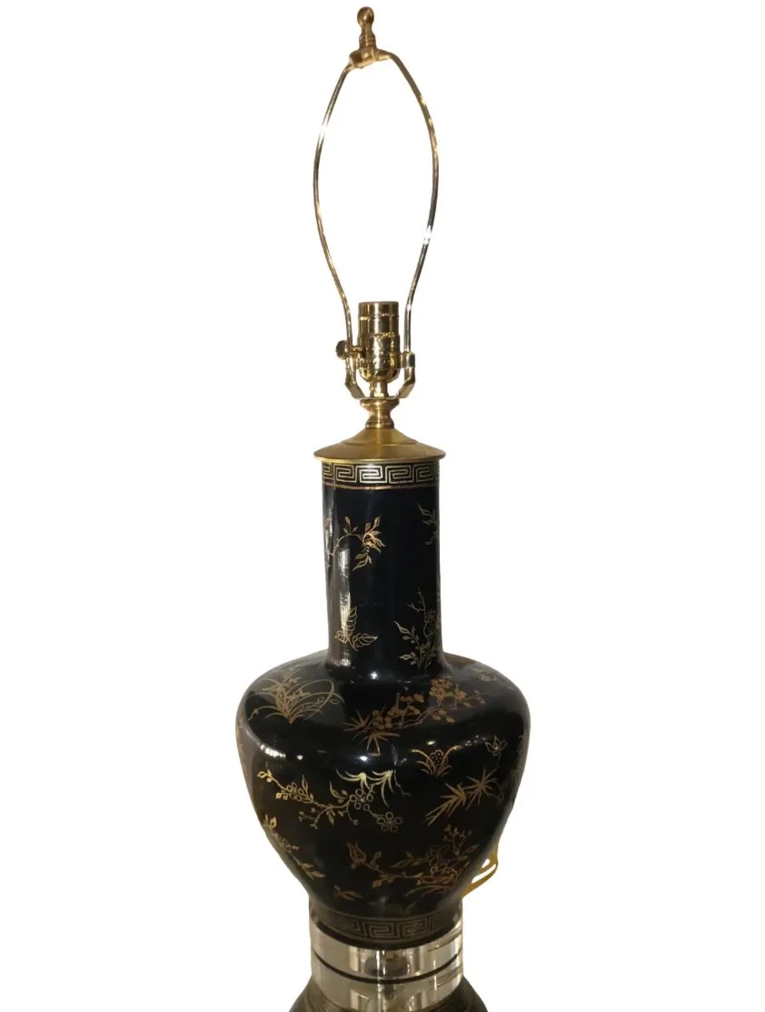 Antique Paper Mache Black & Gold Chinoiserie Vase - Designer Table Lamp
