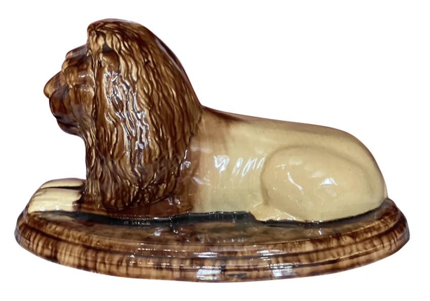 Antique 19th C American Yellow-Ware Pottery Recumbent Lion Sculpture