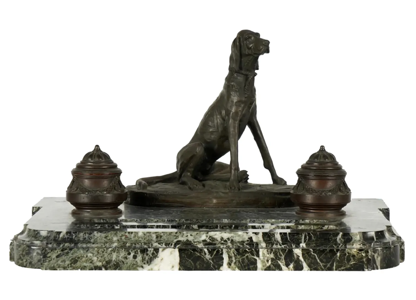 Antique Auguste Nicholas Cain Bronze & Marble Dog Sculpture Inkwell