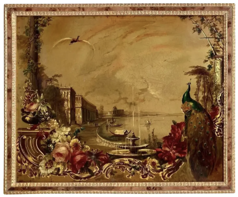 Antique Jennens & Bettridge Venetian Oil Painting W Peacock