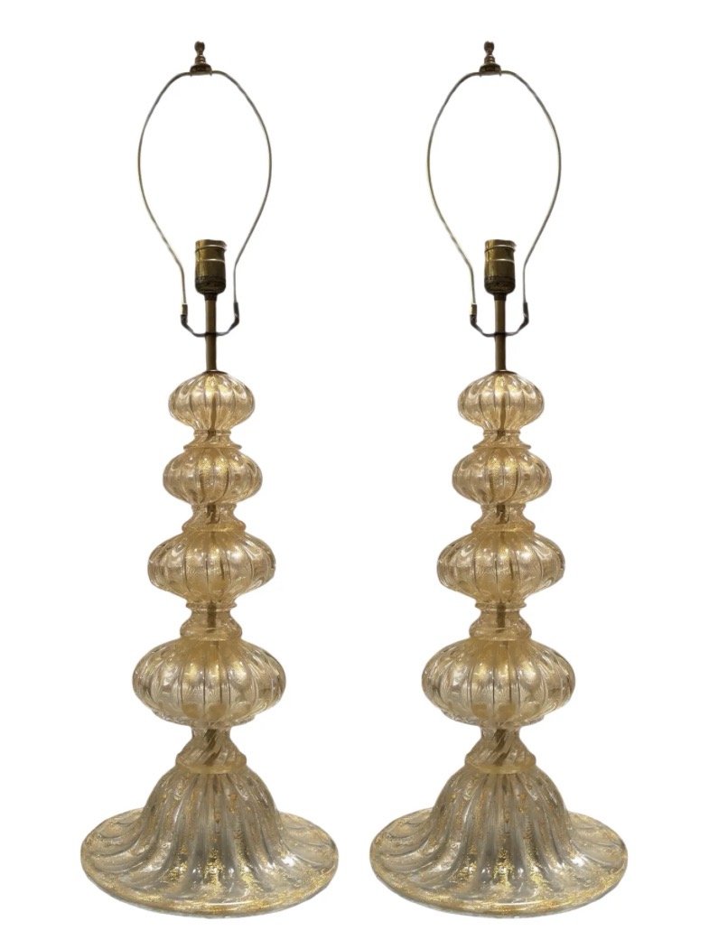 Pair of Barovier & Toso Gold Murano Italian Art Glass Table Lamps