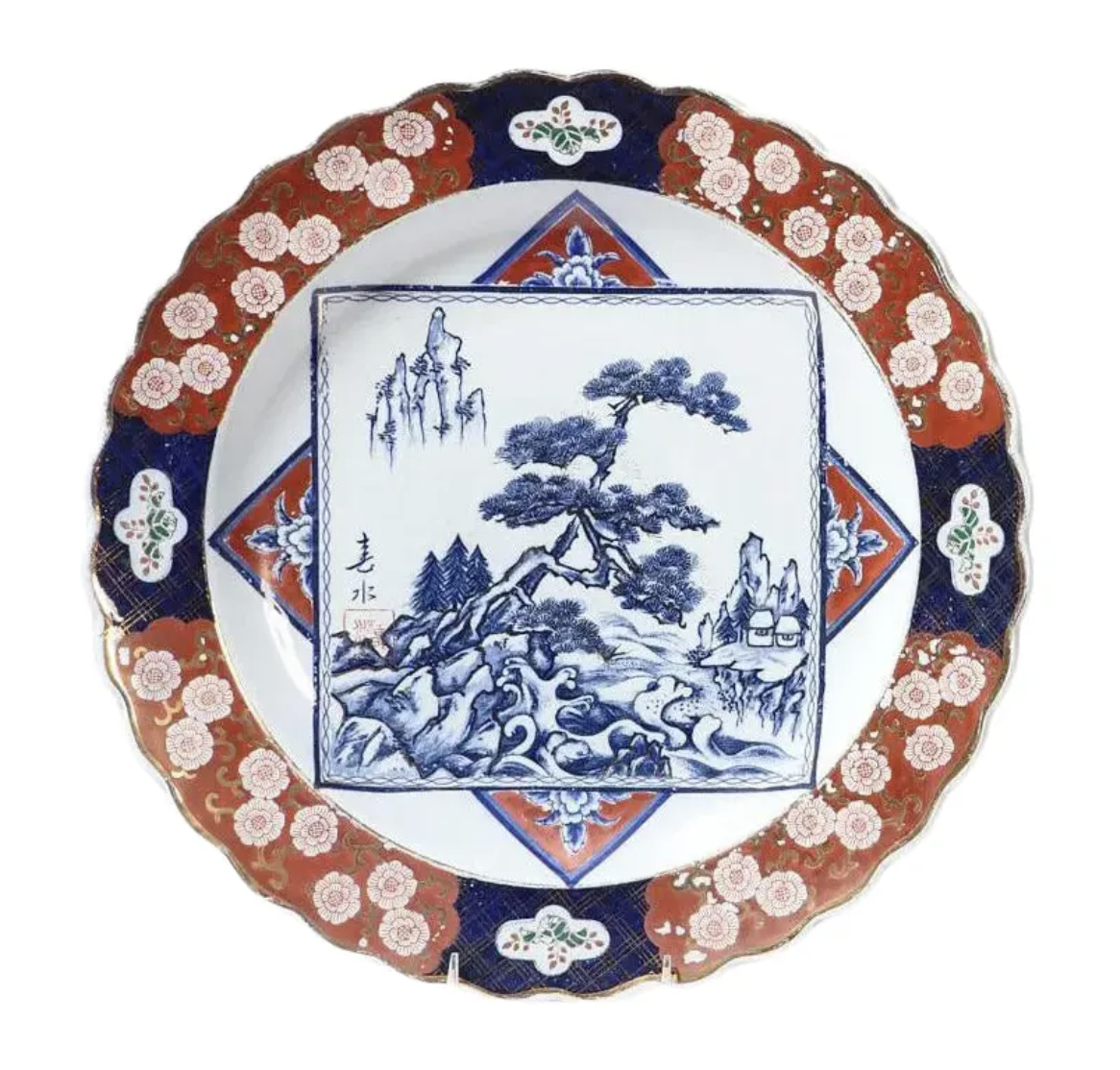 Antique 16.5” Japanese Imari Porcelain Bonsai Tree Charger