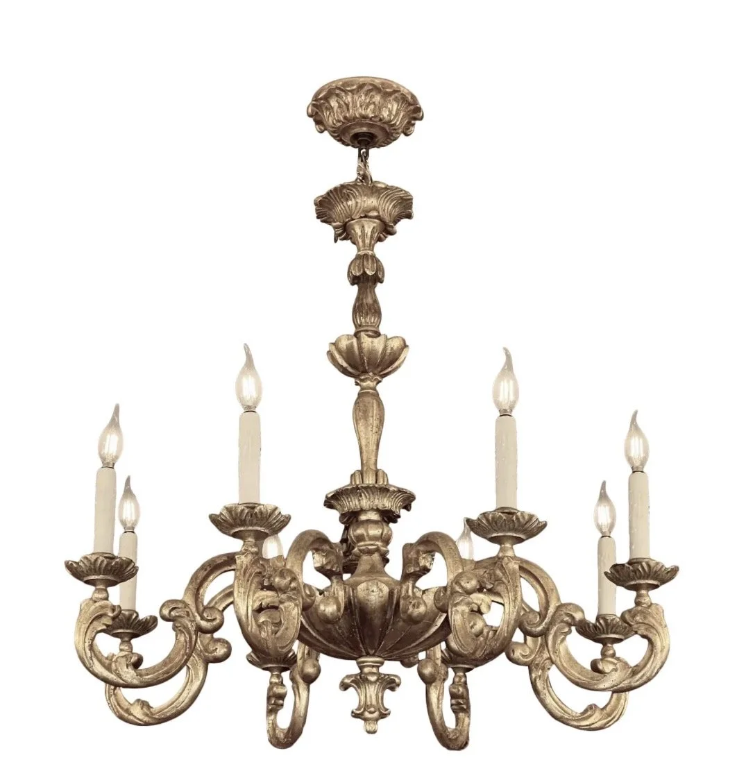 18c Style Carved Italian White Gold Gilt Wood 8 Light Chandelier by Randy Esada for Prospr
