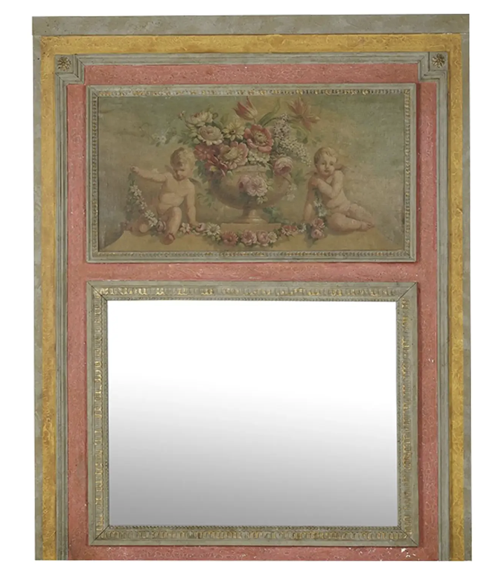 Antique Italian Trumeau Mirror W Putti Oil Painting