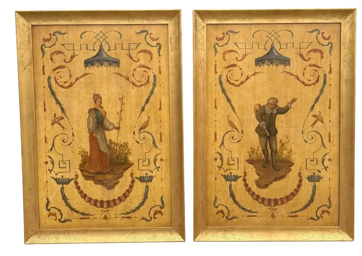 Pair of Gustav Carroll Hand Painted Chinoiserie Panels in Giltwood Frames