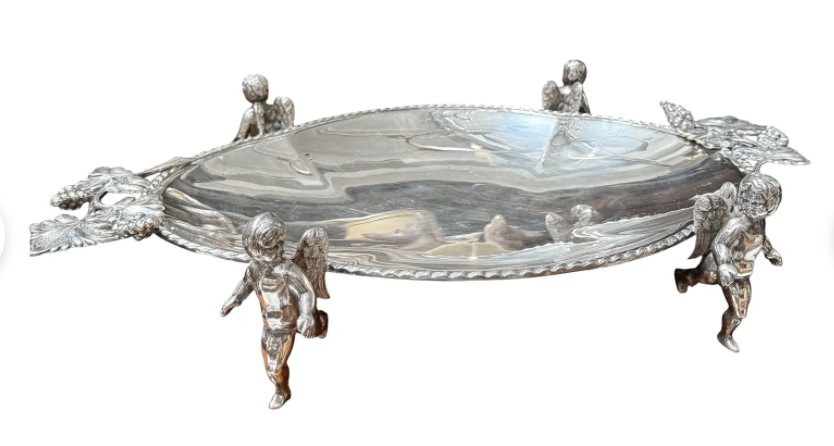 Antique Figural Silver Tray With Cherubs or Angels - Spain