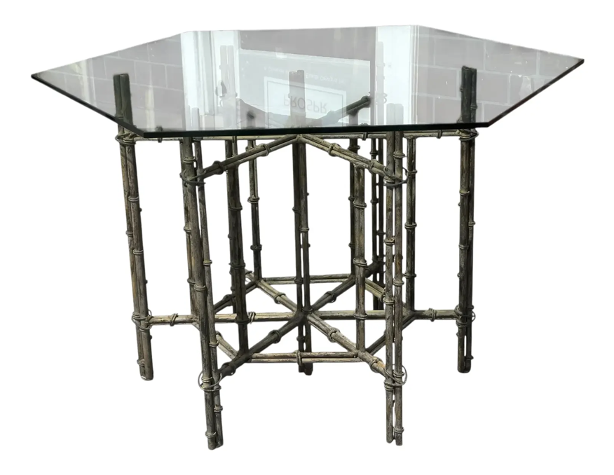 Hollywood Regency Style Faux Bamboo Metal & Glass Dining or Center Table