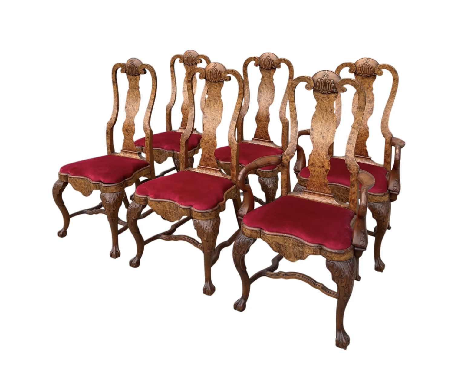 Set of 6 Antique George I Burl Walnut Dining Chairs