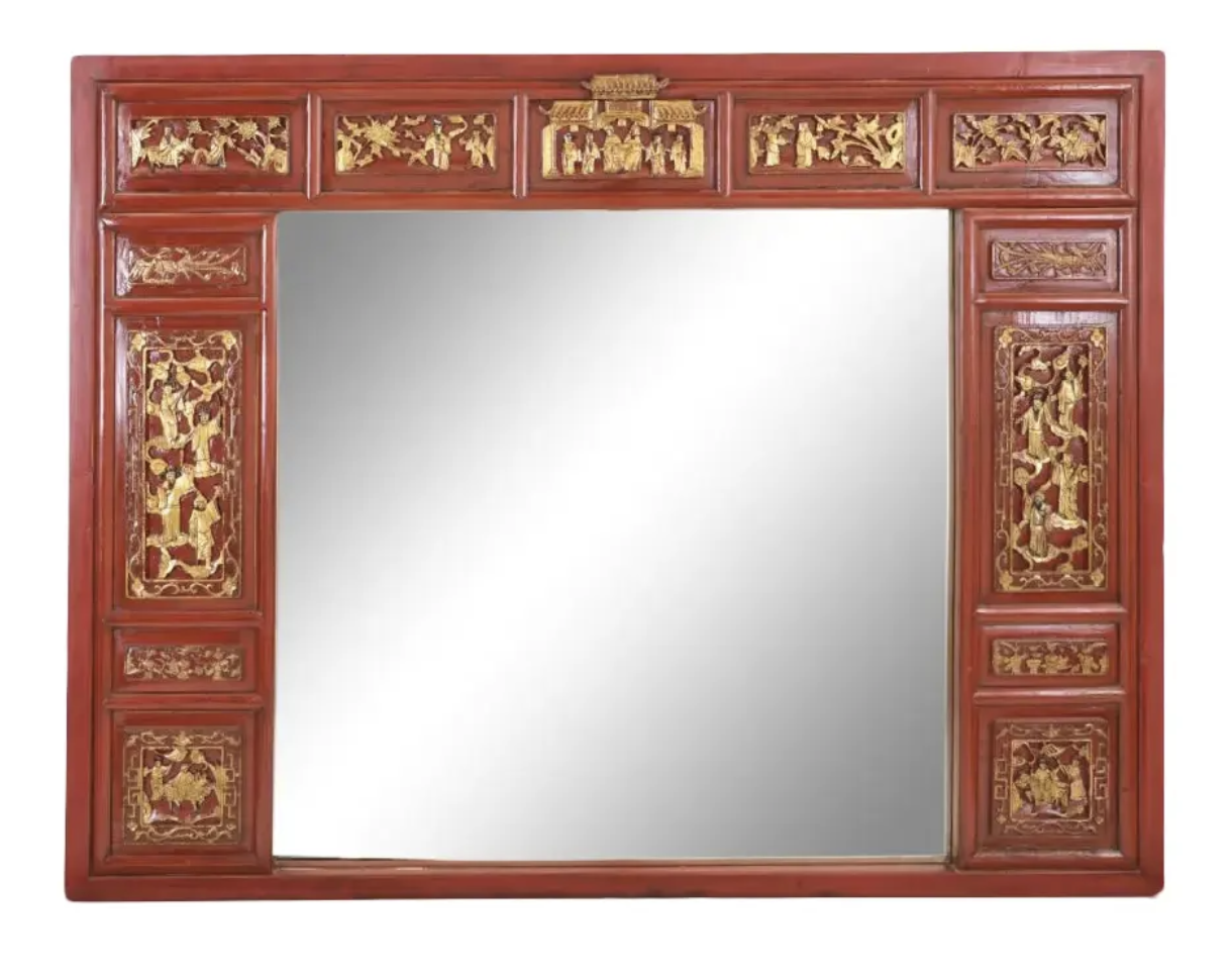 Antique Red & Gold Chinese Temple Carving Mirror