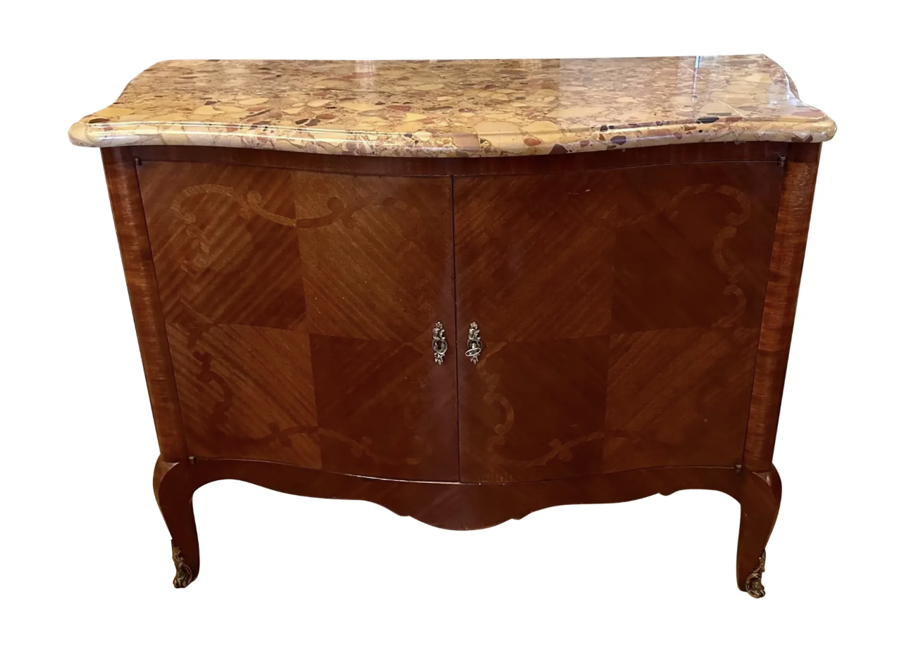 Antique French Inlaid Marble Top Credenza Sideboard by Juan Lanzani