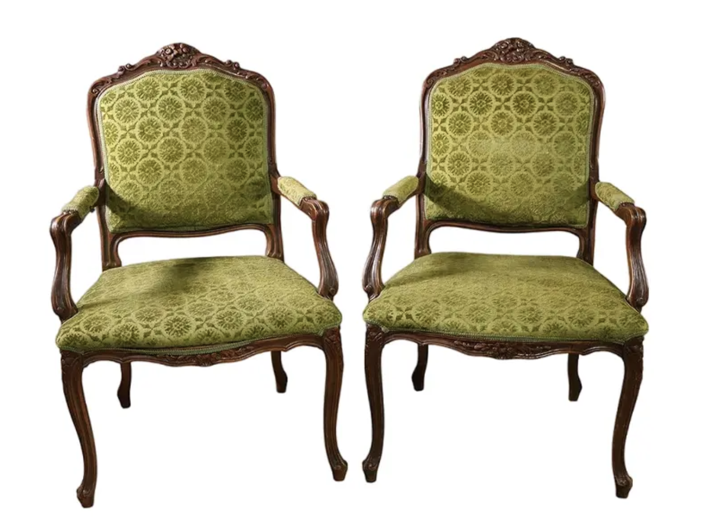 Pair of Louis XV French Provincial Kelly Green Velvet Arm Chairs