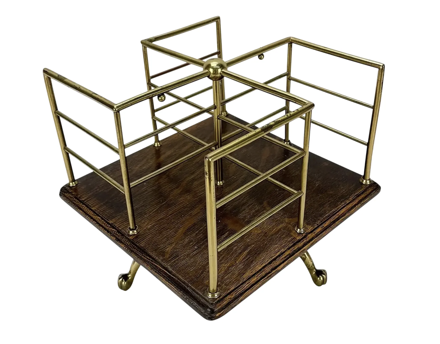 Antique Table Top Brass & Oak Rotating Book Stand