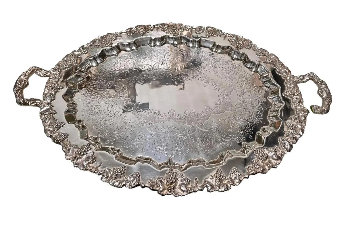 Huge Antique Birmingham Heavy Sterling Silver Tray W Grapes & Vined