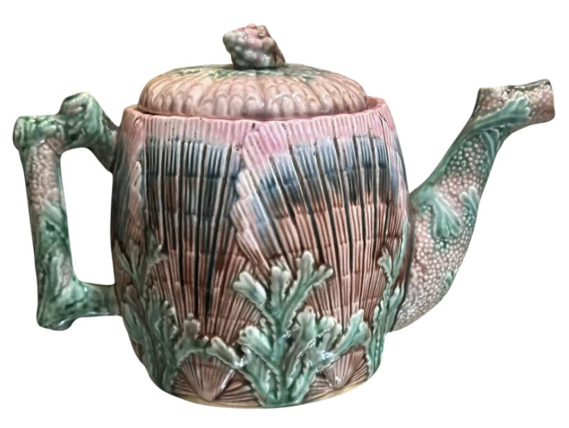 Antique 19c Pink Majolica Pottery Etruscan Teapot