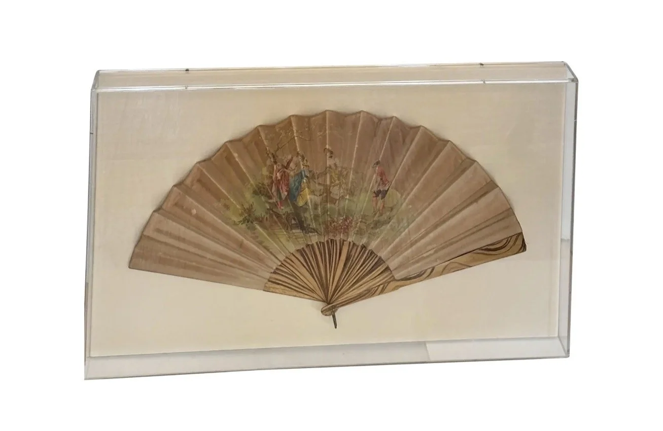 Antique 18th C Handpainted Rice Paper Scenic Fan in Lucite Hanging Case