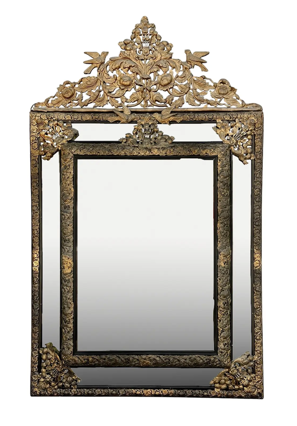 Huge Antique French Repose Brass Mounted Mirror W Birds