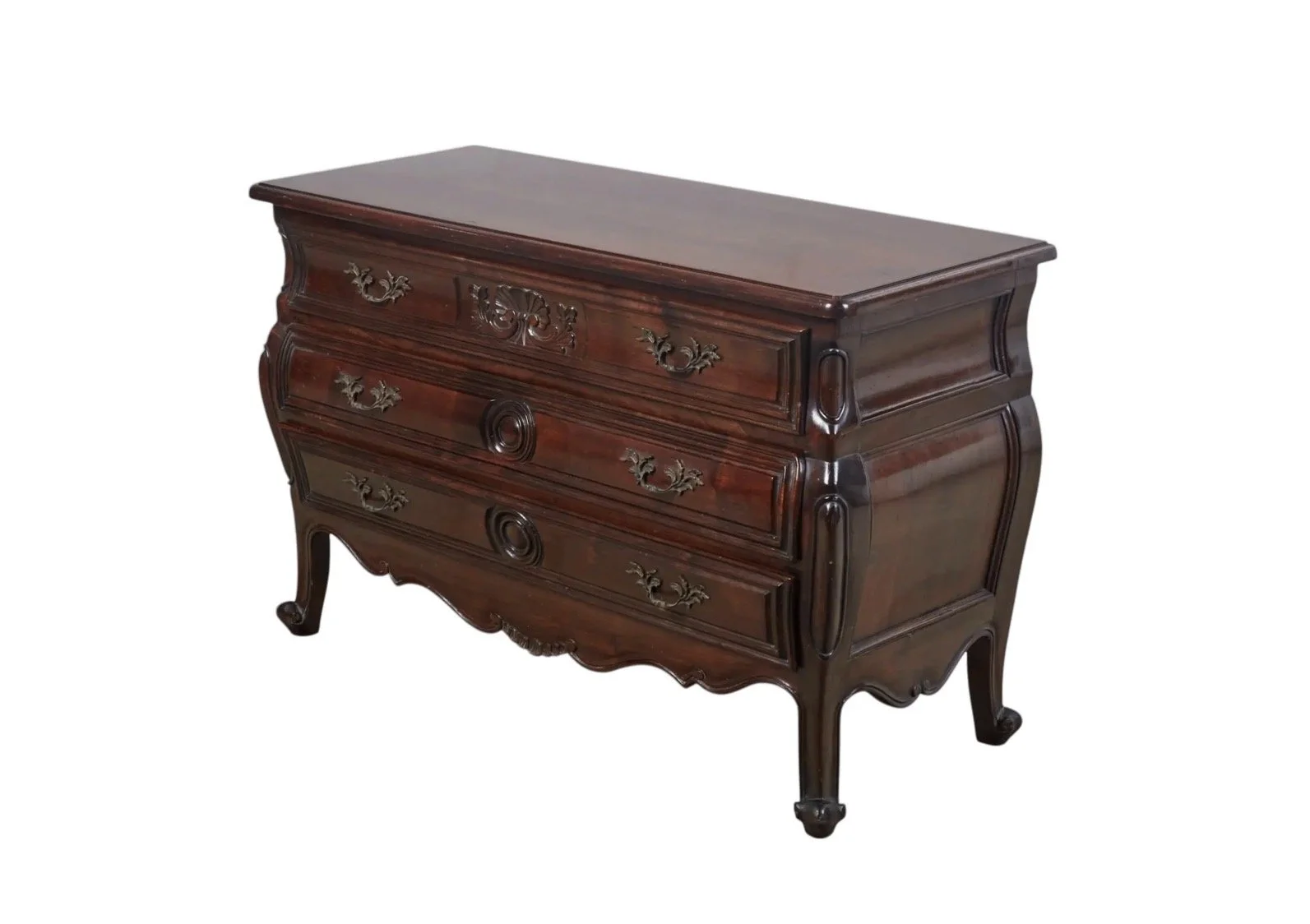 Louis XV Style Carved Mahogany Three Drawer Commode