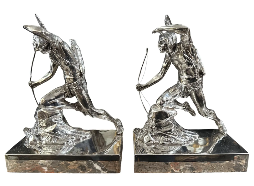 Antique Silverplated Native American Indian Bookends - Standing Scout