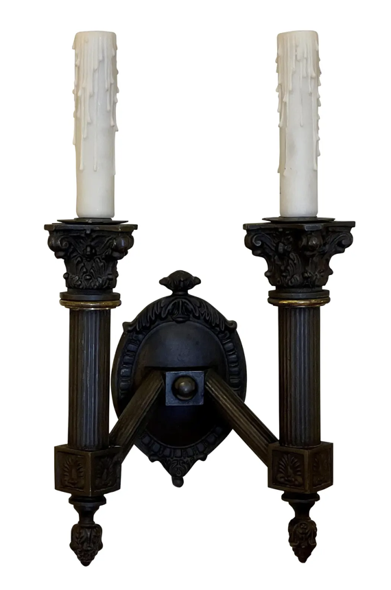 19th C Style Empire Black Neoclassical Corinthian Column 2 Lite Wall Sconce
