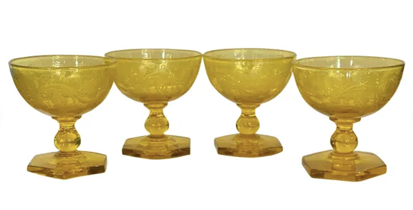Vintage Frederick Carder for Steuben Art Deco Yellow Crystal Stems - Set of 4