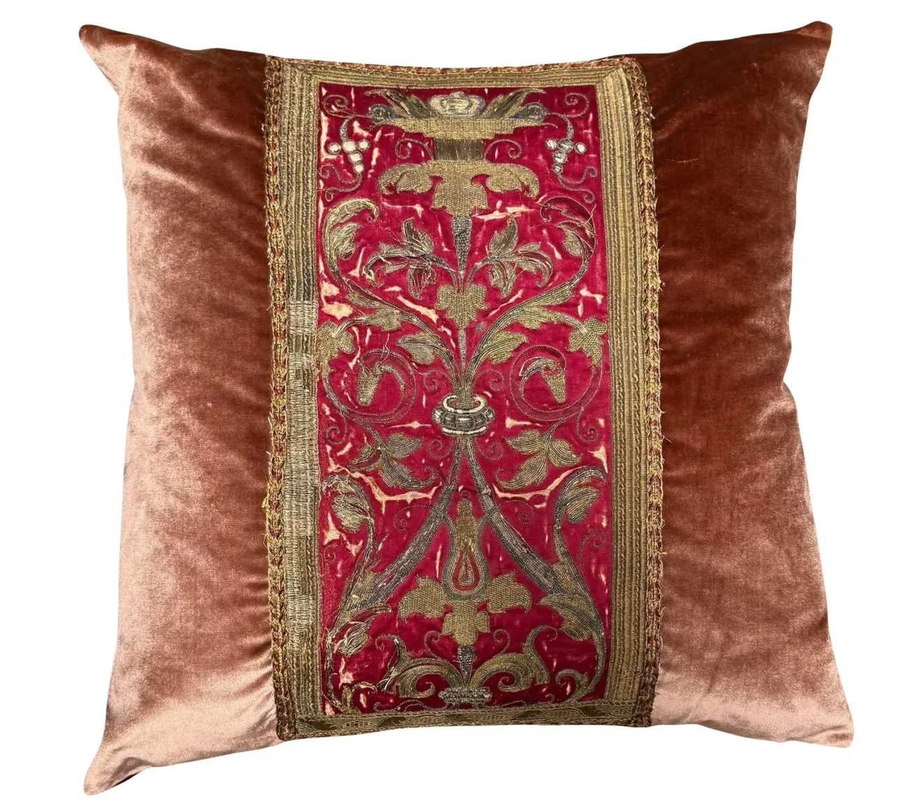 Antique 18th C Textile Champagne Silk Velvet & Gilt Thread Pillow