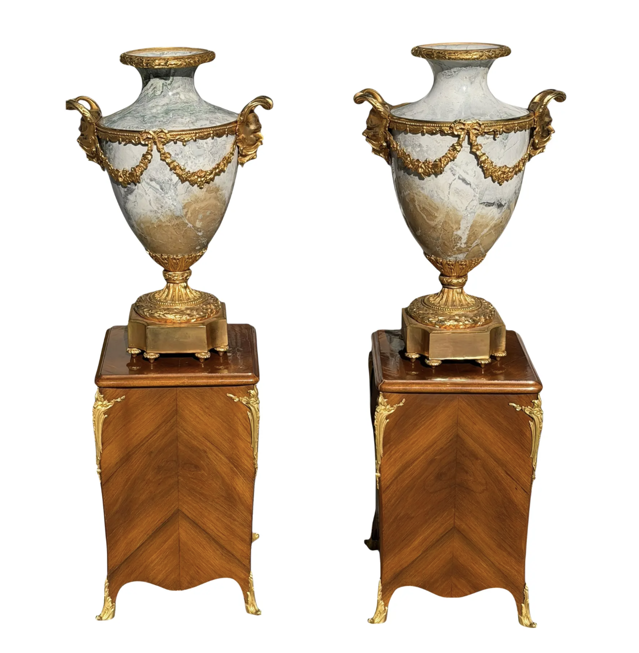 Pair of Louis Vvi Style Gilt Bronze Urns on Tulipwood Stands