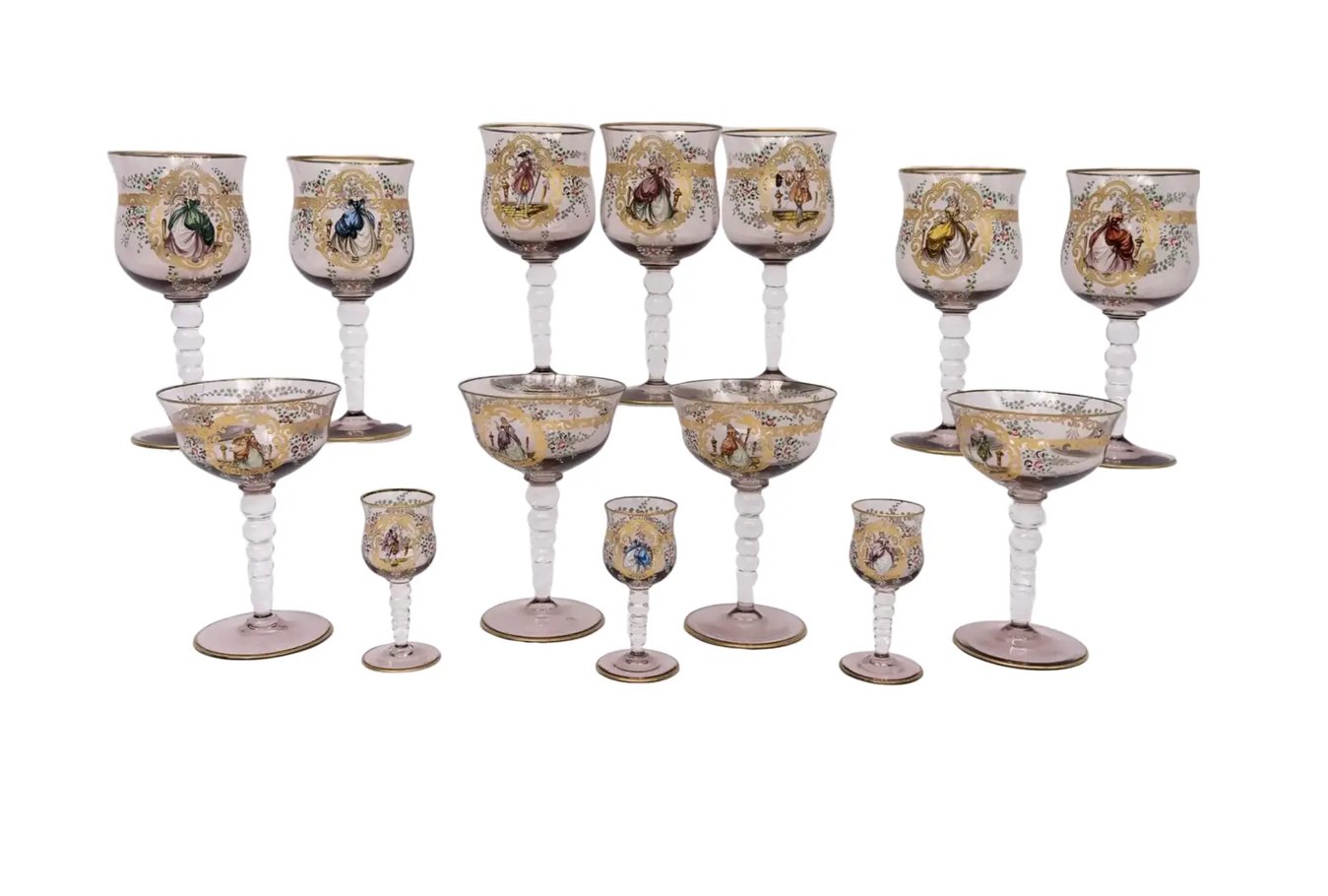 Antique Moser Decorated Salviati Venetian Murano Glass Stemware Set