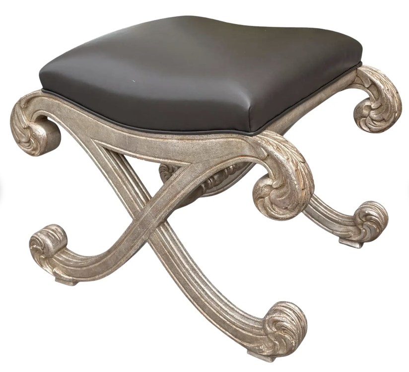 18th C Style White Gold Giltwood and Leather X Bench Stool Ottoman