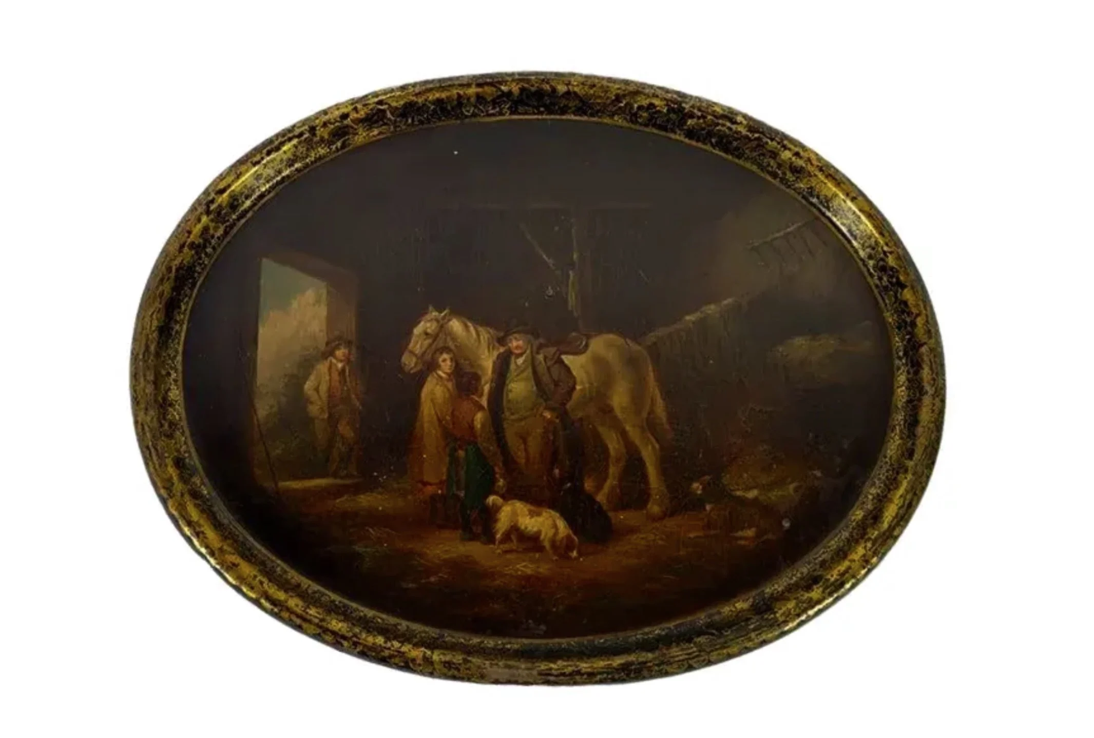 Antique Had Painted Paper Mache Scenic Tray W Horses & Dogs